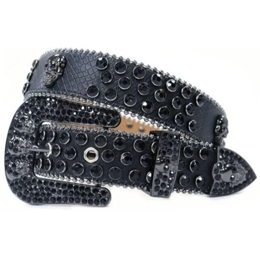 Wesharal Belt Black Rhinestone Diamone Inlays Skulls Western Cowgirl Size M/L